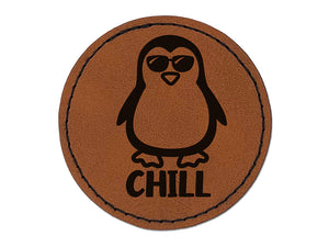 Penguin Chill Round Iron-On Engraved Faux Leather Patch Applique - 2.5"