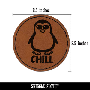 Penguin Chill Round Iron-On Engraved Faux Leather Patch Applique - 2.5"