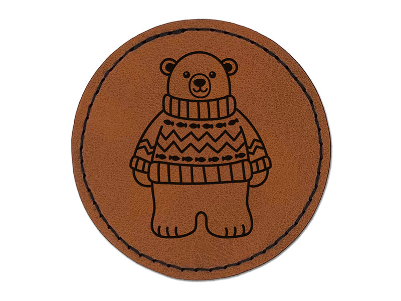 Polar Bear Wearing Sweater Round Iron-On Engraved Faux Leather Patch Applique - 2.5"
