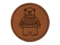 Polar Bear Wearing Sweater Round Iron-On Engraved Faux Leather Patch Applique - 2.5"