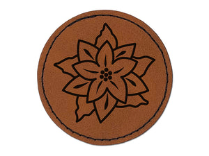 Pretty Poinsettia Christmas Round Iron-On Engraved Faux Leather Patch Applique - 2.5"