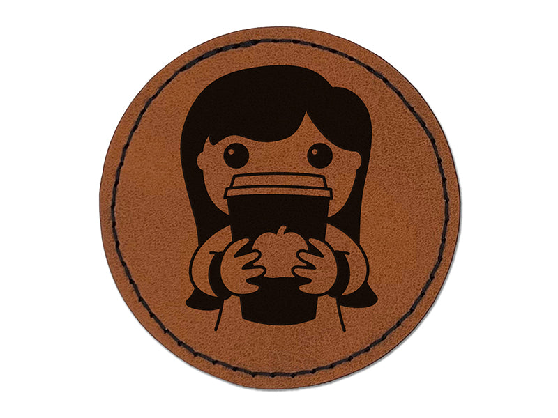Pumpkin Latte Girl Fall Coffee Round Iron-On Engraved Faux Leather Patch Applique - 2.5"