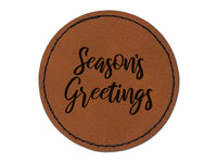 Seasons Greetings Text Round Iron-On Engraved Faux Leather Patch Applique - 2.5"