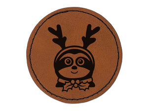 Sloth Reindeer Christmas Round Iron-On Engraved Faux Leather Patch Applique - 2.5"