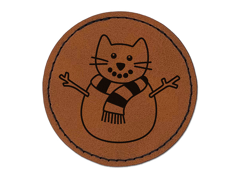Snowman Cat Christmas Round Iron-On Engraved Faux Leather Patch Applique - 2.5"