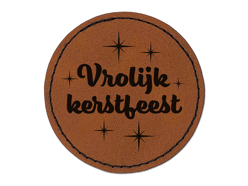 Vrolijk Kerstfeest Merry Christmas Dutch Starburst Round Iron-On Engraved Faux Leather Patch Applique - 2.5"