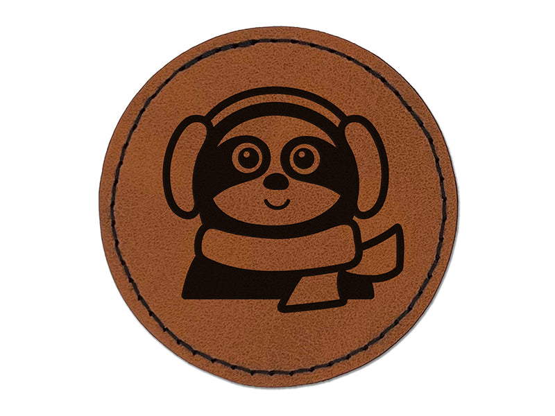 Winter Sloth with Ear Muffs and Scarf Round Iron-On Engraved Faux Leather Patch Applique - 2.5"