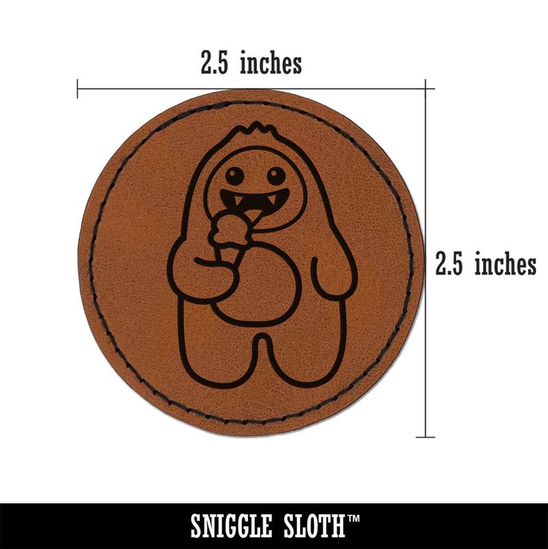 Yeti Abominable Snowman Eating Ice Cream Round Iron-On Engraved Faux Leather Patch Applique - 2.5"
