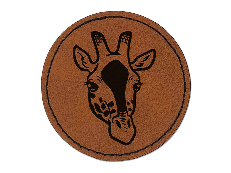 African Giraffe Head Round Iron-On Engraved Faux Leather Patch Applique - 2.5"