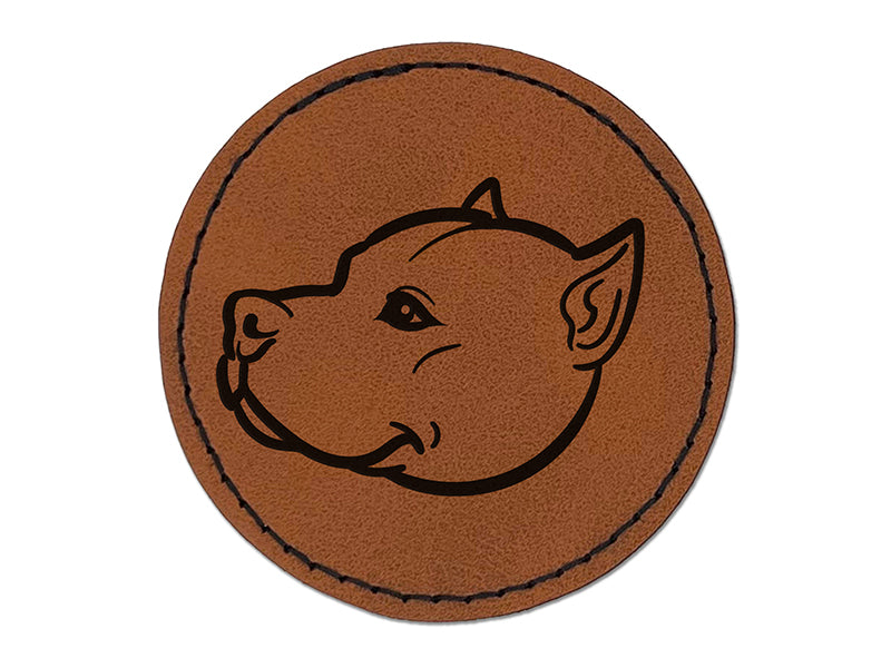 American Pit Bull Terrier Dog Head Round Iron-On Engraved Faux Leather Patch Applique - 2.5"