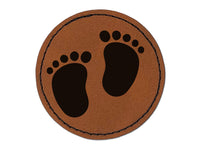 Baby Footprints Round Iron-On Engraved Faux Leather Patch Applique - 2.5"