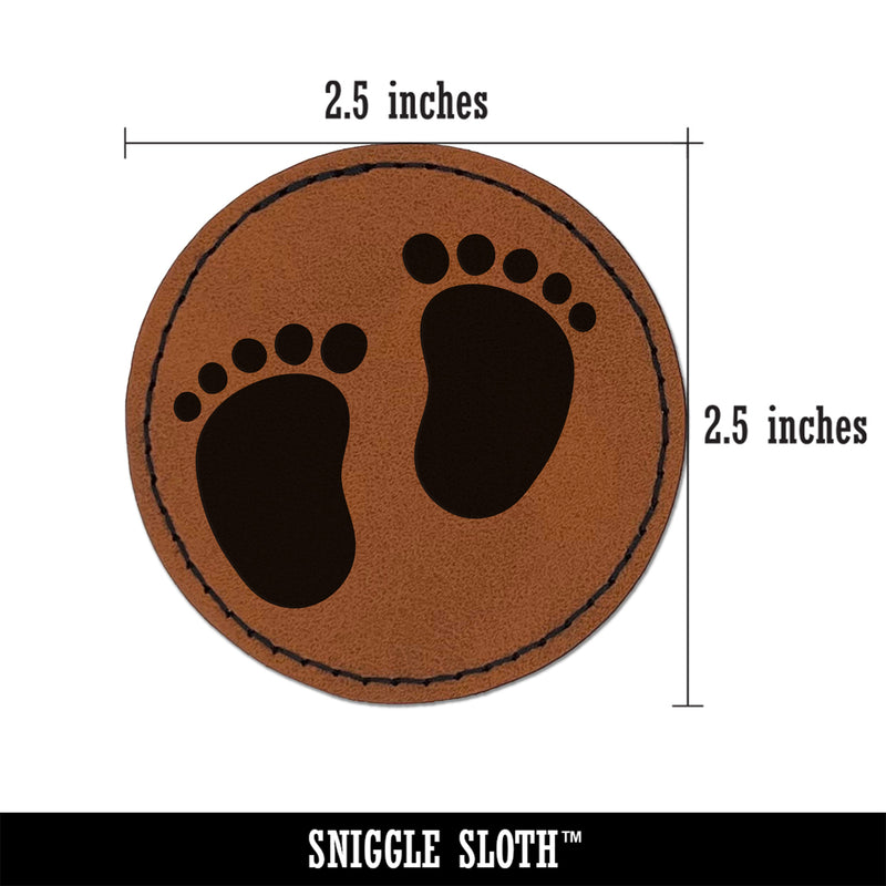 Baby Footprints Round Iron-On Engraved Faux Leather Patch Applique - 2.5"