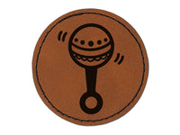 Baby Rattle Round Iron-On Engraved Faux Leather Patch Applique - 2.5"