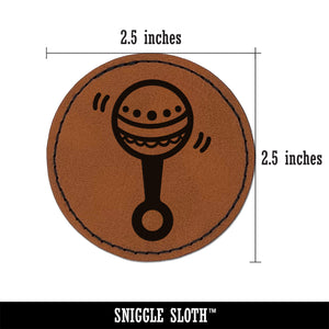 Baby Rattle Round Iron-On Engraved Faux Leather Patch Applique - 2.5"