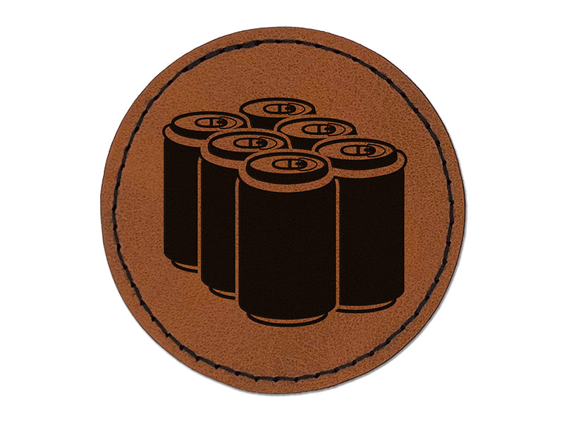 Beer Soda Drink Six Pack Round Iron-On Engraved Faux Leather Patch Applique - 2.5"