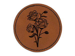 Bundle of Wild Roses Round Iron-On Engraved Faux Leather Patch Applique - 2.5"