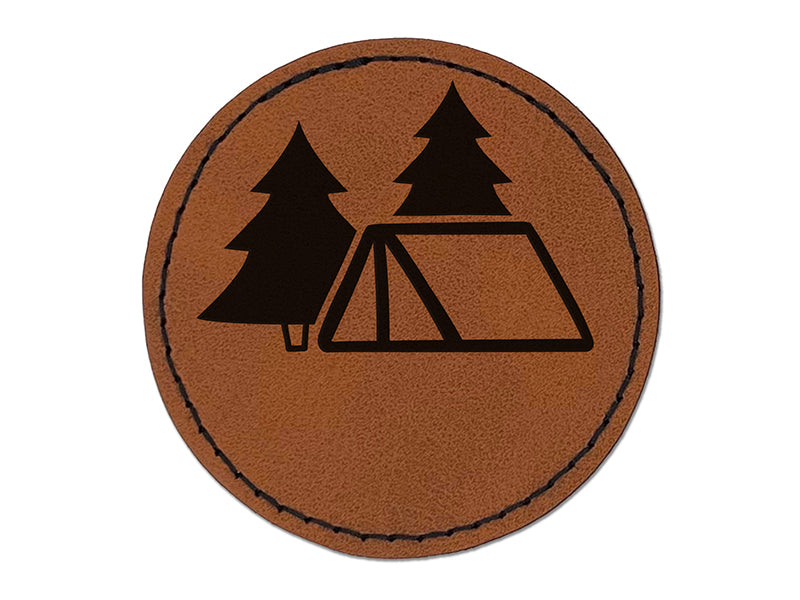 Camping Tent in the Woods Pine Trees Round Iron-On Engraved Faux Leather Patch Applique - 2.5"