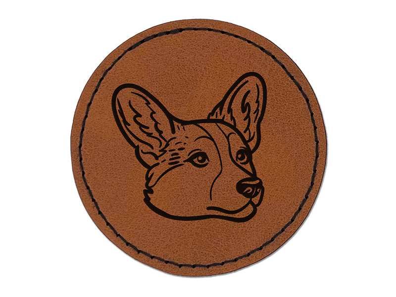 Cardigan Welsh Corgi Head Round Iron-On Engraved Faux Leather Patch Applique - 2.5"