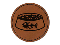 Cat Food Bowl Round Iron-On Engraved Faux Leather Patch Applique - 2.5"