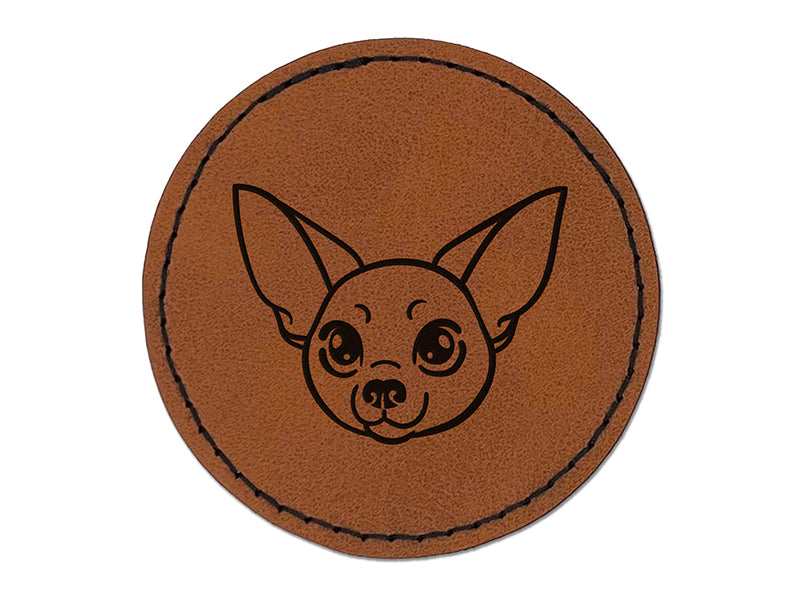 Chihuahua Dog Head Round Iron-On Engraved Faux Leather Patch Applique - 2.5"