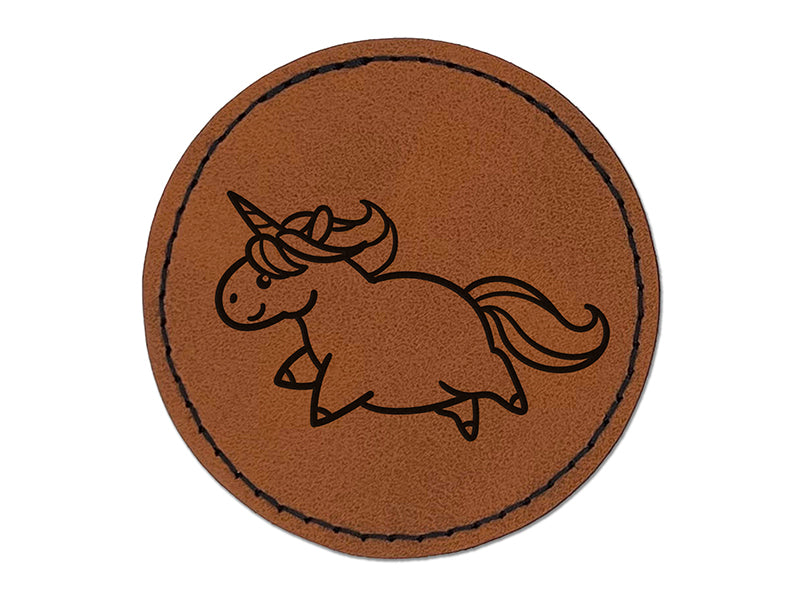 Chubby Unicorn Running Round Iron-On Engraved Faux Leather Patch Applique - 2.5"