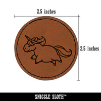 Chubby Unicorn Running Round Iron-On Engraved Faux Leather Patch Applique - 2.5"