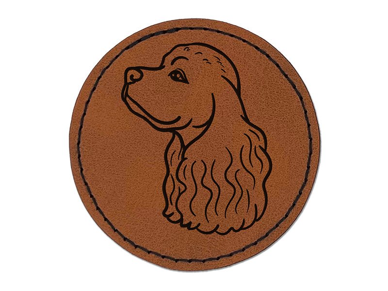 Cocker Spaniel Dog Head Round Iron-On Engraved Faux Leather Patch Applique - 2.5"