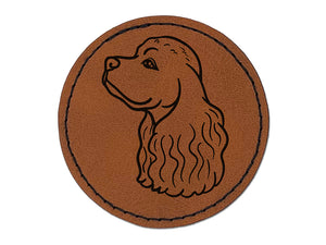 Cocker Spaniel Dog Head Round Iron-On Engraved Faux Leather Patch Applique - 2.5"