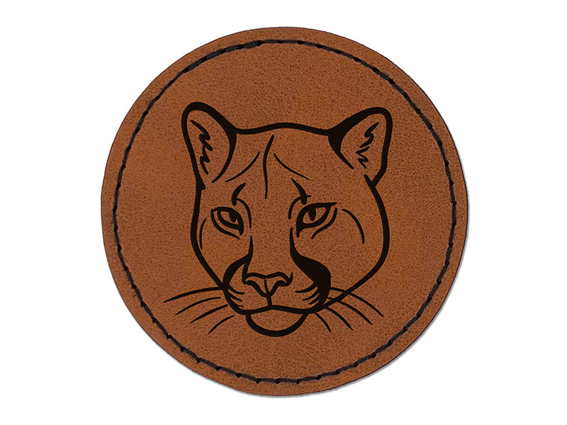 Cougar Head Mountain Lion Round Iron-On Engraved Faux Leather Patch Applique - 2.5"