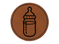 Cute Baby Bottle Round Iron-On Engraved Faux Leather Patch Applique - 2.5"