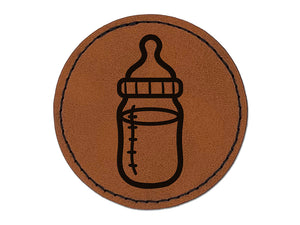 Cute Baby Bottle Round Iron-On Engraved Faux Leather Patch Applique - 2.5"