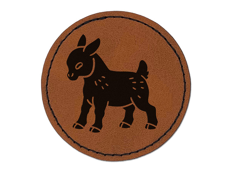 Cute Baby Goat Round Iron-On Engraved Faux Leather Patch Applique - 2.5"