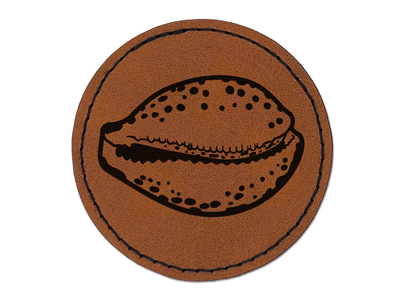 Cypraea Tigris Cowrie Shell Beach Seashell Round Iron-On Engraved Faux Leather Patch Applique - 2.5"
