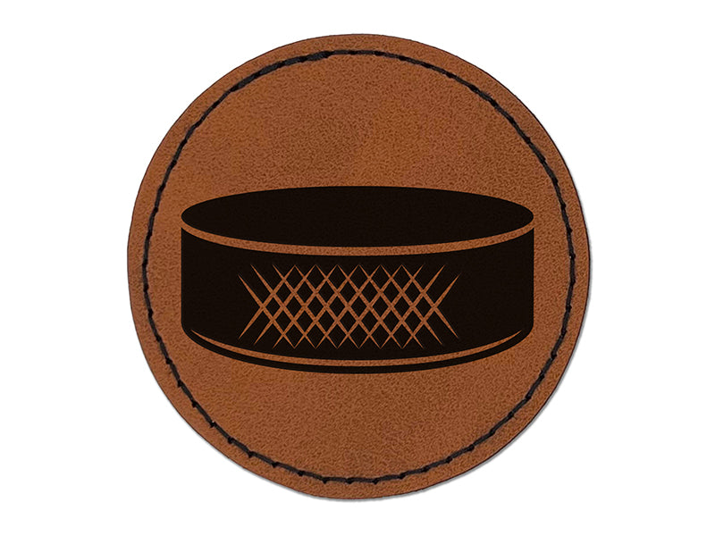 Detailed Ice Hockey Puck Sport Round Iron-On Engraved Faux Leather Patch Applique - 2.5"