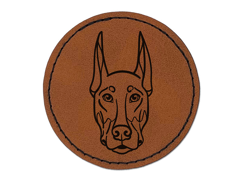 Doberman Pinscher Dog Head Round Iron-On Engraved Faux Leather Patch Applique - 2.5"