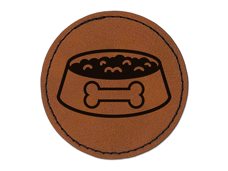 Dog Food Bowl Round Iron-On Engraved Faux Leather Patch Applique - 2.5"