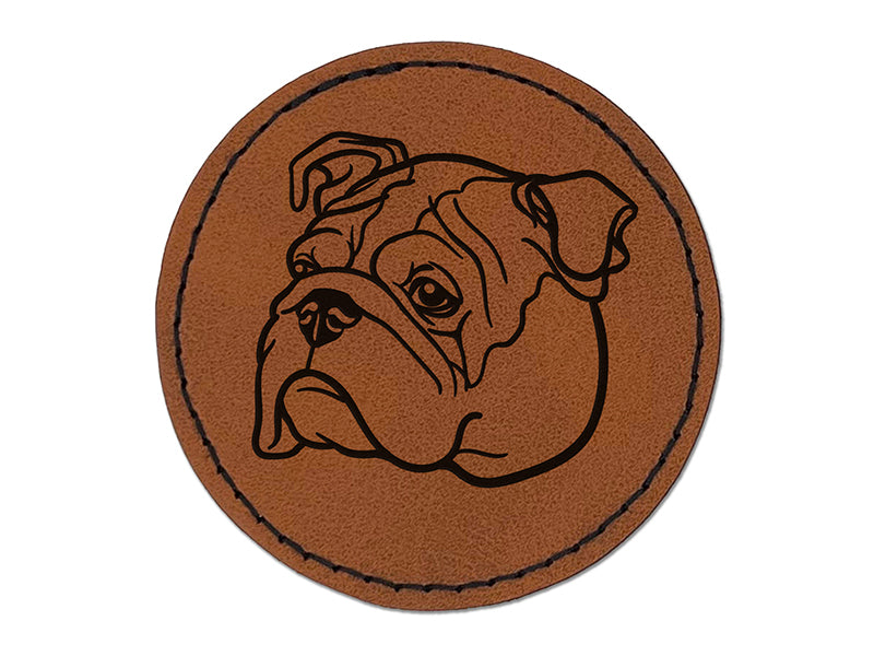 English Bulldog Head Round Iron-On Engraved Faux Leather Patch Applique - 2.5"