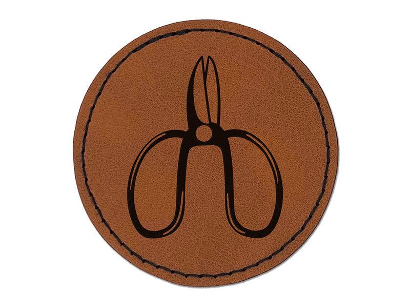 Floral Scissors for Gardening Round Iron-On Engraved Faux Leather Patch Applique - 2.5"