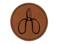 Floral Scissors for Gardening Round Iron-On Engraved Faux Leather Patch Applique - 2.5"