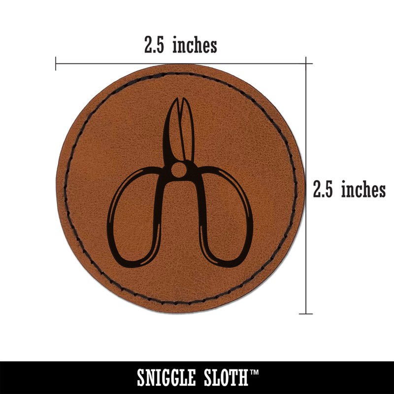 Floral Scissors for Gardening Round Iron-On Engraved Faux Leather Patch Applique - 2.5"