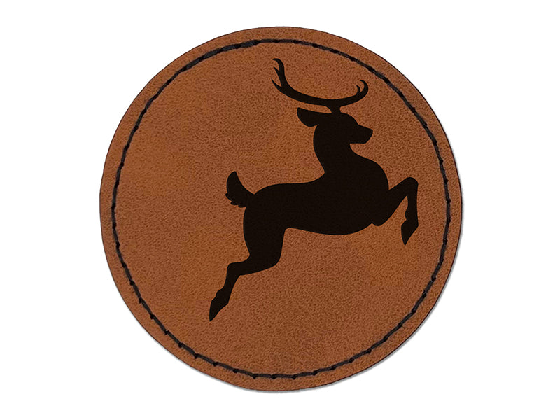 Flying Reindeer Silhouette Round Iron-On Engraved Faux Leather Patch Applique - 2.5"