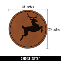 Flying Reindeer Silhouette Round Iron-On Engraved Faux Leather Patch Applique - 2.5"