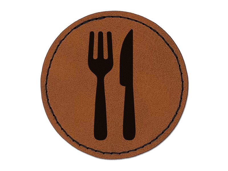 Fork and Knife Solid Silhouette Round Iron-On Engraved Faux Leather Patch Applique - 2.5"