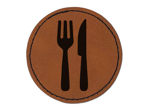 Fork and Knife Solid Silhouette Round Iron-On Engraved Faux Leather Patch Applique - 2.5"