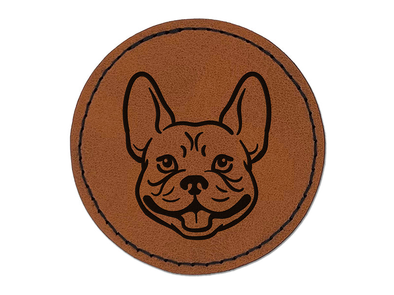 Frenchie French Bulldog Dog Head Round Iron-On Engraved Faux Leather Patch Applique - 2.5"