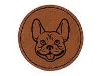Frenchie French Bulldog Dog Head Round Iron-On Engraved Faux Leather Patch Applique - 2.5"