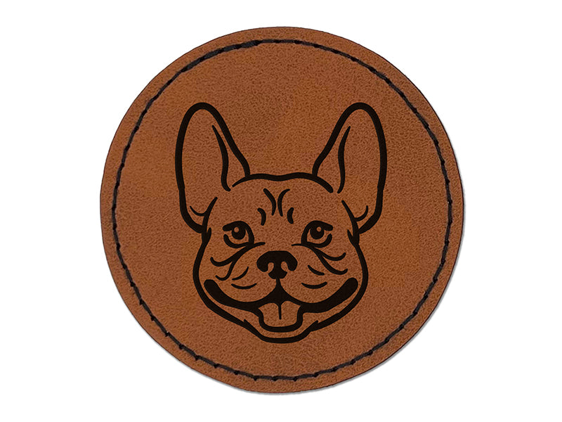 Frenchie French Bulldog Dog Head Round Iron-On Engraved Faux Leather Patch Applique - 2.5"