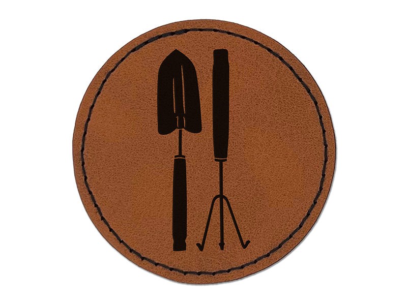 Gardening Tools Trowel Hand Rake Round Iron-On Engraved Faux Leather Patch Applique - 2.5"