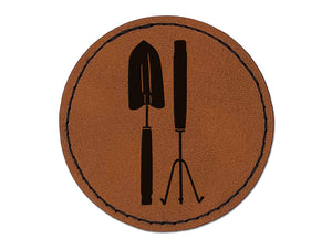 Gardening Tools Trowel Hand Rake Round Iron-On Engraved Faux Leather Patch Applique - 2.5"