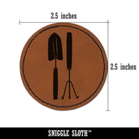 Gardening Tools Trowel Hand Rake Round Iron-On Engraved Faux Leather Patch Applique - 2.5"